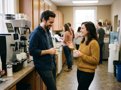 オフィスの給湯室でコーヒーを手に会話する男女、自然な雰囲気、800px×600px