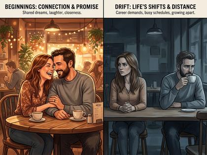 向かい合って座る男女のシルエット、少し距離があるカフェのテーブル席