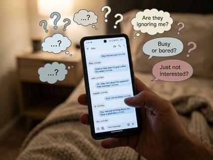ベッドの上でスマホのメッセージ画面を見つめる女性の手元