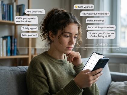 スマホでマッチングアプリのメッセージを確認している女性とコーヒー