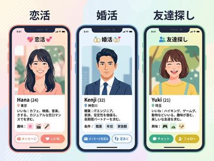恋活・婚活・友達探しそれぞれのプロフィール記入例を並べたスマホ画面風イラスト、800×600