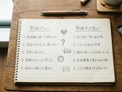 ノートに2列で「別れたい理由」「別れたくない理由」を書き出している手元のアップ