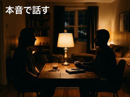 夜のリビングのテーブルで、向かい合って静かに話す二人のシルエット