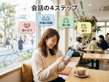 スマートフォンでメッセージのやり取りをする20代女性、カフェの窓際、明るい雰囲気