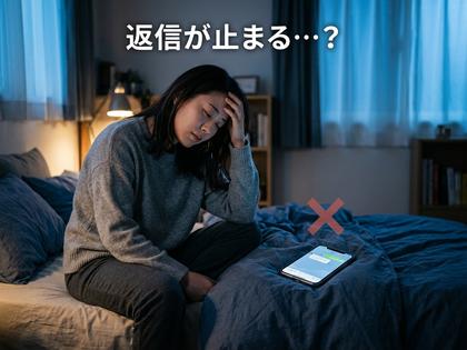 返信が来ないスマホ画面を見てため息をつく女性、部屋の中