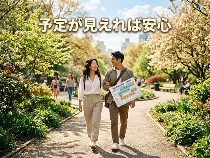 休日に笑顔で並んで歩くカップルの後ろ姿