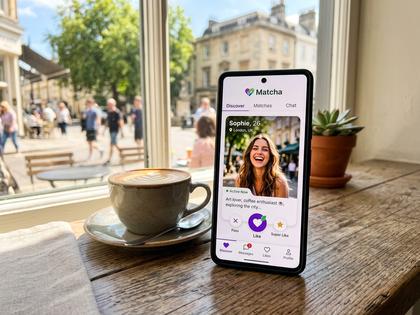 スマートフォンを手に持ち、マッチングアプリの画面を見ている20代女性。明るいカフェの窓際、800px×600px