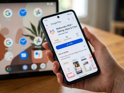 スマートフォンでアプリをインストールしている手元のアップ、ダウンロードボタンが表示されている画面、800px×600px