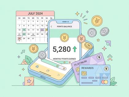 スマホ画面に表示されたポイント残高と、電卓とノートを前にした女性の手元、800px×600px