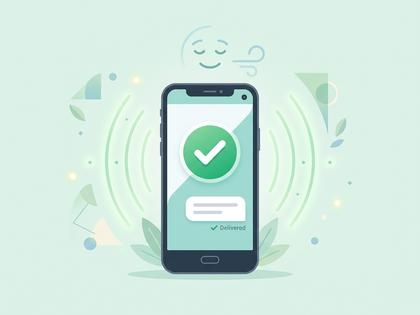 メッセージを送信した直後にほっとした表情を見せる女性のイラスト、スマホ画面に送信済みマーク、800px×600px
