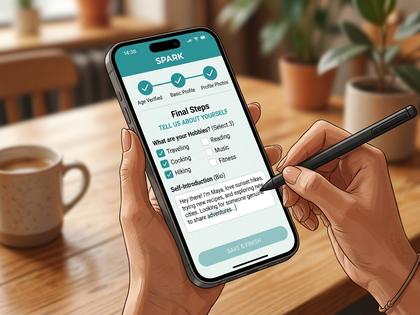 スマホのプロフィール入力画面のイメージ図。趣味欄と自己紹介欄に文字を入力している手元