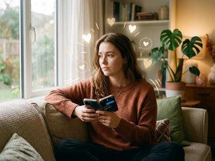 スマホを手にソファで考え込む20代女性、やわらかい自然光の室内