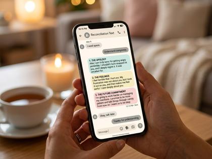 スマートフォンのメッセージ画面を見つめて微笑む女性のアップ